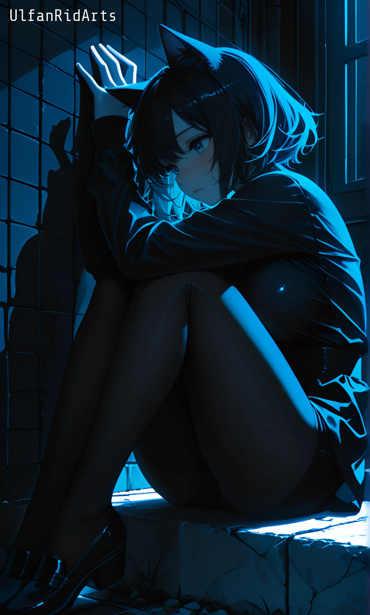 Cat girl at night — Anime style, Dark colors, Cat girl — изображение 1