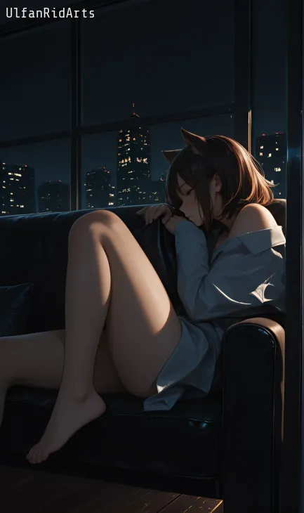 Cat girl in the evening living room
